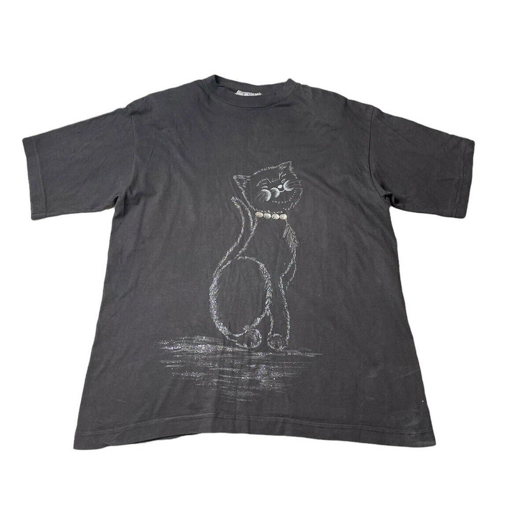 Vintage Womens Toi 80s 90s Black Cat T-Shirt with Jeweled Embellished Necklace M